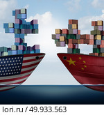 China United States trade challenge and American tariffs as two opposing cargo ships shaped as a puzzle as an economic taxation dispute over import and exports concept as a 3D illustration.. China United States Trade Challenge. Стоковое фото, агентство Ingram Publishing / Фотобанк Лори