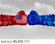 Europe USA trade fight and economic war with American tariffs as two opposing fist freight containers in European Union as an economy dispute over import and exports as a 3D illustration.. Europe USA Trade Fight. Стоковое фото, агентство Ingram Publishing / Фотобанк Лори