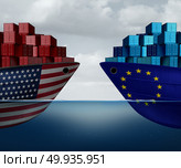 Europe United States trade and American tariffs as two opposing cargo ships as an economic  taxation dispute over import and exports concept as a 3D illustration.. Europe United States Trade War. Стоковое фото, агентство Ingram Publishing / Фотобанк Лори