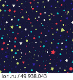 Abstract pattern colorful small circles, stars and triangles on blue background. Infinity geometric. Vector illustration. Стоковая иллюстрация, агентство Ingram Publishing / Фотобанк Лори