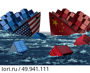 China United States trade trouble and economic war or American tariffs and Chinese tariff as two sinking cargo ships as a taxation dispute over import and exports with 3D illustration elements. Стоковое фото, агентство Ingram Publishing / Фотобанк Лори