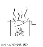Icon of roasting meat on fire. Thin line design. Vector illustration. Стоковое фото, агентство Ingram Publishing / Фотобанк Лори