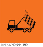 Icon of tipper. Orange background with black. Vector illustration. Стоковое фото, агентство Ingram Publishing / Фотобанк Лори