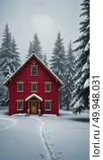A red wooden house in a snowy landscape, standing on a snowy plain surrounded by trees, soft diffused light, frontal view. Стоковое AI-видео, аниматор Sergey Grishin / Фотобанк Лори