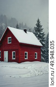 A red wooden house in a snowy landscape, standing on a snowy plain surrounded by trees, soft diffused light, frontal view. Стоковое AI-видео, аниматор Sergey Grishin / Фотобанк Лори