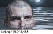 Мужчина по шею в воде ночью при свете луны. Стоковое AI-видео, аниматор Виктория Кольцова / Фотобанк Лори