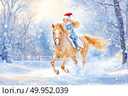 Веселая девочка в красной шапочке Санты скачет на лошади. Чудесный зимний день. Стоковое AI-изображение, AI-художник Щеголева Ольга / Фотобанк Лори