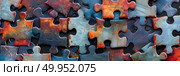Detailed view of a single metal puzzle pieces, showing intricate patterns and textures. Стоковое AI-изображение, AI-художник Данила Большаков / Фотобанк Лори
