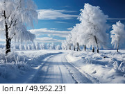 A snow-covered road cuts through a winter landscape, flanked by snow-covered trees on either side. Стоковое AI-изображение, AI-художник Данила Большаков / Фотобанк Лори