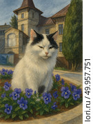 A picturesque watercolor illustration of a fluffy black and white cat sitting in a blooming flowerbed with bright purple pansies. In the background is an old stone building with turrets, carved architecture and high windows, surrounded by trees and a well-kept area. The cat looks calm and confident, as if guarding his territory. The atmosphere of the image is warm, calm and a little fairytale. Ideal for themes about cats, coziness, gardening and art design. Стоковое AI-изображение, AI-художник Анна Кривицкая / Фотобанк Лори