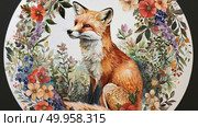 A plate featuring a detailed illustration of a fox, showcasing its vibrant colors and intricate details. Стоковое AI-изображение, AI-художник Данила Большаков / Фотобанк Лори