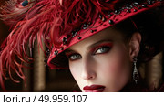 Striking woman is wearing a red hat adorned with feathers. Стоковое AI-изображение, AI-художник Данила Большаков / Фотобанк Лори