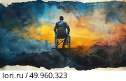 A realistic portrait painting of a man in a wheelchair, depicting a disabled individual sitting in a chair. Стоковое AI-изображение, AI-художник Данила Большаков / Фотобанк Лори