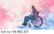 A man in a wheelchair against a vibrant and colorful backdrop, showcasing inclusivity and diversity in everyday life. Стоковое AI-изображение, AI-художник Данила Большаков / Фотобанк Лори