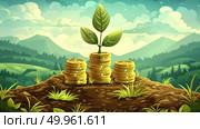 A pile of coins with a plant growing out of it, symbolizing financial growth and investment returns. Стоковое AI-изображение, AI-художник Данила Большаков / Фотобанк Лори
