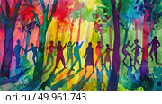 A painting depicting a diverse group of individuals walking through a dense forest, each person engaged in conversation and exploration of the wooded environment. Стоковое AI-изображение, AI-художник Данила Большаков / Фотобанк Лори