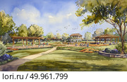 A painting depicting a park with multiple gazebos and lush trees under a sunny sky. Стоковое AI-изображение, AI-художник Данила Большаков / Фотобанк Лори
