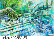 A painting showing two hands, one holding a pen and the other money. The hands are detailed and realistic, emphasizing the transactional nature of the scene. Стоковое AI-изображение, AI-художник Данила Большаков / Фотобанк Лори