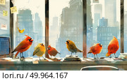 A flock of birds sitting closely together on top of a window sill, looking around. Стоковое AI-изображение, AI-художник Данила Большаков / Фотобанк Лори
