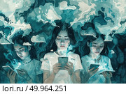 A painting depicting three young girls staring at their smartphones intently, each absorbed in their digital world. Стоковое AI-изображение, AI-художник Данила Большаков / Фотобанк Лори