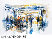 Various individuals walking through a bustling train station with luggage, tickets, and maps in hand. The station is filled with commuters rushing to catch trains. Стоковое AI-изображение, AI-художник Данила Большаков / Фотобанк Лори