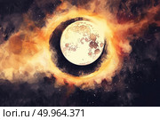 A black hole captured in the vast sky, showcasing its immense gravitational pull and swirling darkness against the backdrop of stars. Стоковое AI-изображение, AI-художник Данила Большаков / Фотобанк Лори