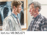 A doctor with an X-ray in the background talks to a male patient, conveying medical findings. Стоковое AI-изображение, AI-художник Данила Большаков / Фотобанк Лори