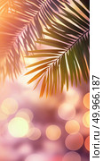 Softly lit palm fronds cast subtle shadows over warm peachy-pink bokeh background creating serene and ethereal vertical tropical scene. Ideal for screensavers, calm or vacation themes. Стоковое AI-изображение, AI-художник Елена Никишина / Фотобанк Лори