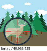 Flat design scene of hunting in fir forest. Vector illustration. Стоковая иллюстрация, агентство Ingram Publishing / Фотобанк Лори