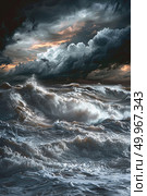 Dark, ominous storm clouds looming over a body of water, creating a sense of impending bad weather. Стоковое AI-изображение, AI-художник Данила Большаков / Фотобанк Лори