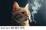 A domestic cat holding a smoking pipe in its mouth, looking curiously at its surroundings. Стоковое AI-изображение, AI-художник Данила Большаков / Фотобанк Лори