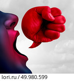 Social bullying and aggressive hurtful language as a bully talking with a speech bubble shaped as a fist as a symbol for debate or legal defense in a 3D illustration style. Стоковое фото, агентство Ingram Publishing / Фотобанк Лори