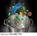 Boil contaminated water to kill germs and boiling advisory of liquid to reduce the contamination danger of pathogens including virus and bacteria cells with 3D illustration elements. Стоковое фото, агентство Ingram Publishing / Фотобанк Лори