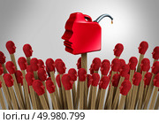 Gaslighting psychology as a social manipulating concept using psychological communication to destabilize as matches shaped as people with a dangerous gas cannister to fan the flames as a 3D render. Стоковое фото, агентство Ingram Publishing / Фотобанк Лори