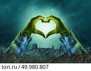 Zombie monster hand heart background in a creepy night graveyard as halloween green arms emerging from a cemetary grave with 3D illustration elements. Стоковое фото, агентство Ingram Publishing / Фотобанк Лори