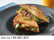 Italian ciabatta sandwich with parma ham and herbs on black plate. Italian ciabatta sandwich with parma ham and herbs. Стоковое фото, агентство Ingram Publishing / Фотобанк Лори