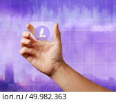 A man’s hand holds a glass digital screen with a litecoin icon on the ultraviolet background of the city. Cryptocurrency and blockchain trading concept.. On a glass digital screen, the lithcoin icon on an ultraviolet background. Стоковое фото, агентство Ingram Publishing / Фотобанк Лори