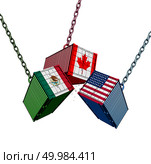 United States Mexico Canada trade agreement as the USMCA with cargo shipping containers joining together as an economic import and export deal as a 3D illustration. Стоковое фото, агентство Ingram Publishing / Фотобанк Лори