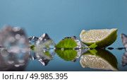 Slice of lime wedge, ice and mint isolated on blue background, ingredient for cold drink in summer. Slice of lime wedge, ice and mint isolated on blue background. Стоковое фото, агентство Ingram Publishing / Фотобанк Лори