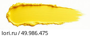Vibrant abstract yellow paint smear on clean white background with textured brush marks and irregular edges. Стоковое AI-изображение, AI-художник Андрей Бакусов / Фотобанк Лори