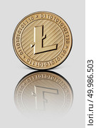 Gold coin litecoin with reflection on a white glossy background virtual crypto currency. Conceptual image for worldwide cryptocurrency and digital payment system.. Gold coin litecoin on white glossy background. Стоковое фото, агентство Ingram Publishing / Фотобанк Лори