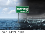 Insurance concept and hurricane or storm property damage financial risk idea and homeowners insured  for natural disater loss with 3D illustration elements. Стоковое фото, агентство Ingram Publishing / Фотобанк Лори