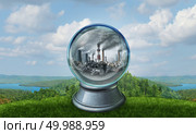 Climate change environmental concept as a polluted environment inside a crystal ball predicting the future of an ecological disaster with 3D illustration elements. Стоковое фото, агентство Ingram Publishing / Фотобанк Лори
