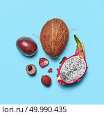 Healthy tropical ripe fruit coconut, passion fruit, lychee, pitahaya on a blue background with space for text. Flat lay.. Set of exotic fruit pitahaya, lychee, passion fruit, coconut on a blue background with space for text. Food layout. Flat lay. Стоковое фото, агентство Ingram Publishing / Фотобанк Лори