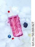 Smoothies lolly. Frozen berry healthy dessert on ice cubes with berries of blackberries, blackberries and currants. Flat lay. Frozen blueberry smoothies on a stick presented on ice cubes with different berries. Dietary summer dessert. Flat lay. Стоковое фото, агентство Ingram Publishing / Фотобанк Лори