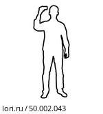 Man shows card in his hand Business card in hand businessman silhouette icon black color vector illustration flat style simple image outline. Стоковая иллюстрация, агентство Ingram Publishing / Фотобанк Лори