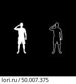 Man pointing at the temple with a finger silhouette front view Need thinking concept icon set white color vector illustration flat style simple image. Стоковая иллюстрация, агентство Ingram Publishing / Фотобанк Лори