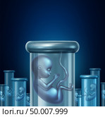 IVF baby concept and in vitro fertilization fertility treatment and artificial insemination as a symbol with a fetus in a test tube helping with infertility issues as a 3D illustration. Стоковое фото, агентство Ingram Publishing / Фотобанк Лори