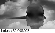 Two faced person as an abstract concept for deceit and deceitfulness psychology as contrasting heads of an honest and dishonest side in a 3D illustration style. Стоковое фото, агентство Ingram Publishing / Фотобанк Лори