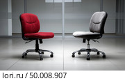 Office chairs in contrasting colors positioned in a minimalist workspace. Стоковое AI-изображение, AI-художник Katsiaryna Repich / Фотобанк Лори
